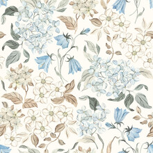 Vintage Floral Seamless Pattern With Delicate Watercolor Flowers And Leaves On Ivory Color Background, Hand Drawn Illustration For Textile Or Wallpapers, Nostalgic Pattern.