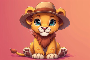 Wall Mural - cartoon lion wearing a hat