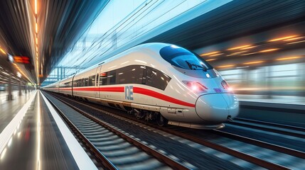 Wall Mural - Modern high speed train on a clear day with motion blur. Generative AI.