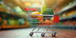 shopping cart full of vegetables, Shopping cart full of food and drinks and supermarket shelves behind grocery shopping concept, generative AI
