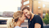Fototapeta  - Happy spontaneous couple share a good joke