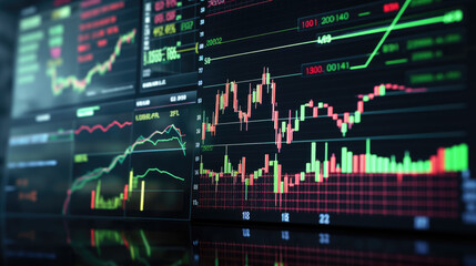 Sticker - Close-up of a financial trading screen displaying market data with various colored candlestick charts, numerical values, and trend lines indicating stock performance.