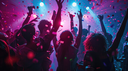 Poster - Dynamic scene of people dancing and celebrating at a party or club with confetti in the air and colorful lights in the background.