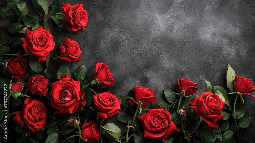 Valentines day border with red roses on black background with copy ...