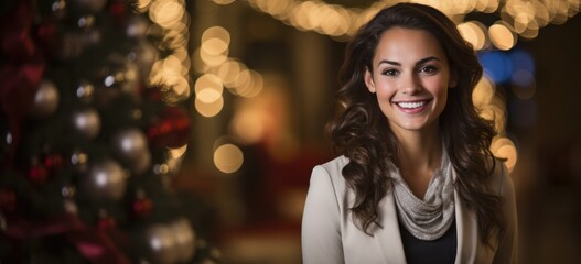 Wall Mural - Smiling woman with festive background during holiday season. Christmas celebration and joy.