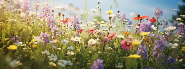 Wall Mural - Flowers background, landscape panorama - Garden wild field of beautiful blooming spring or summer flowers on meadow, with sunshine and blue sky