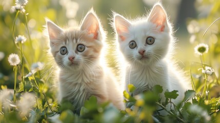 Wall Mural - Two cute little white cats in the grass. Generative AI.