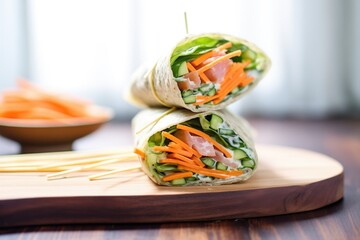 Wall Mural - stack of sweet potato and green bean wraps on a bamboo board