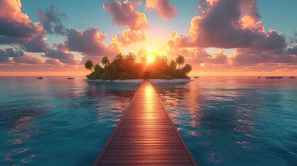 Wall Mural - Beautiful tropical island at sunset. Generative AI.