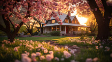 A Quaint Farmhouse, With Blossoming Cherry Trees In The Yard As The Background, During A Picturesque Spring Sunset