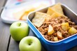 sloppy joe in a lunchbox, alongside apple and chips