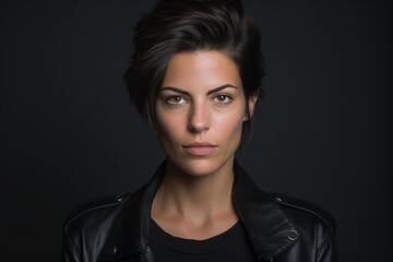 Portrait of a beautiful young woman in a leather jacket on a dark background