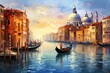 Painting of venice canal with gondolas and colorful buildings in a romantic style