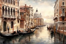 Painting Of Venice Canal With Gondolas And Colorful Buildings In A Romantic Style
