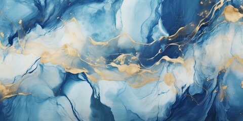 Wall Mural - Blue and gold watercolor painting with marble effect and metallic accents for elegant wallpaper design