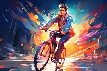 Young man riding a bicycle with a colorful energy, digital art style, illustration painting