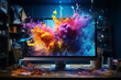 © alones - Creative computer exploding with splashes of colorful paint on desktop, concept. Think differently and work process, creative idea