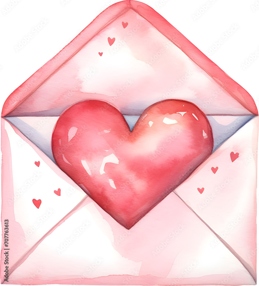 Watercolor cute pink envelope with heart clipart element for love ...