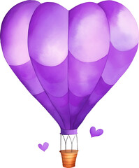 Poster - Watercolor romantic purple hot air balloon in heart shape clipart illustration for valentine greeting design