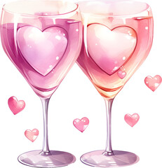 Wall Mural - Watercolor cute pastel love wineglasses with hearts clipart for valentine couple drink party celebration illustration