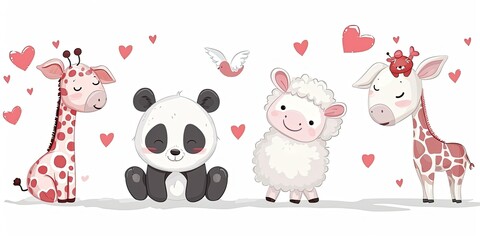 Wall Mural - Cute little animals and the hearts that surround them, Valentine's Day