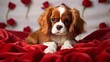 A charming ginger Cavalier King Charles Spaniel puppy is lying on the bed on a red blanket with roses flowers. Valentines Day greeting card with a dog.