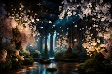 In the midst of a celestial garden, ephemeral echoes take form as radiant blossoms suspended in mid-air.

