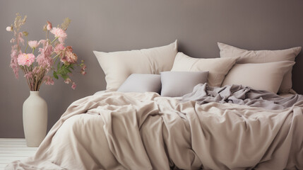 Wall Mural - Interior of the minimalist bedroom with a wooden bed and a grey wall, Pastel beige and grey bedding on bed, Ai generated image