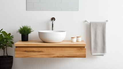 Wall Mural - White Ceramic Vessel Sink Wall-mounted vanity with white ceramic vessel sink, Interior design of modern Scandinavian bathroom, Ai generated image