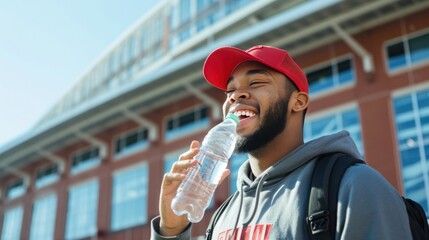 Wall Mural - smiling man in a red baseball cap drinks water from a bottle in front of a football stadium.