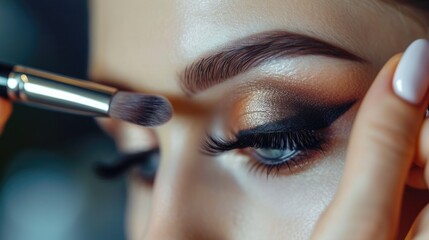 Wall Mural - Close up of a makeup artist applying eyes shadows makeup with a brush to a model. Beauty industry