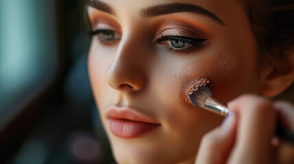 Wall Mural - Close up of a makeup artist applying makeup with a brush to a model. Beauty industry