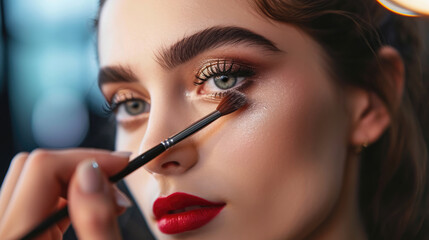 Wall Mural - Close up of a makeup artist applying makeup with a brush to a model. Beauty industry