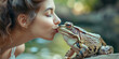 Frau küsst Frosch auf der Suche nach dem richtigen Partner fürs Leben