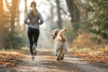 Young Woman Jogging With Her Golden Retriever Dog In Autumn Forest
