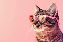 Close-up Of A Tabby Cat In Pink Glasses On A Pink Background With Copyspace Looking Away
