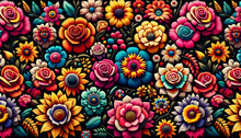 Mexican Traditional Flowers Embroidery Pattern On A Black Background	
