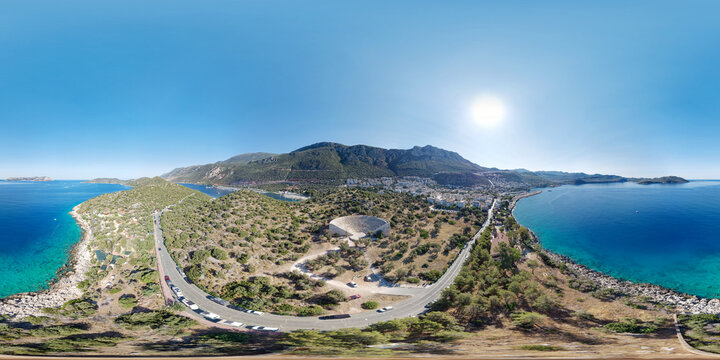 Ancient Greek theater overlooking the old town of Antiphellos in the modern city of Kas in Antalya province in Turkey. Aerial seamless spherical 360 degree panorama