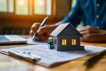 A Concept Hollo 3d Render Model Of A Small Living House On A Table In A Real Estate Agency. Signing Mortgage Contract Document And Demonstrating. Futuristic Business. Blurry Background.