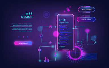 Web design. Software mobile app download landing. Website UI template. SEO webpage. Digital HTML code. Smartphone programming. Phone modern technology. Infographic development. Vector internet banner
