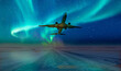Commercical white airplane fly up over take-off runway the (ice) snow-covered airport with aurora borealis - Norway