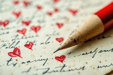 Close-up of a handwritten valentine's day card with calligraphy and heart doodles