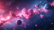 Cosmic universe with heart among stars and planets in dark space