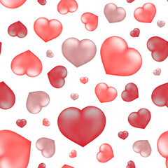 Hearts seamless pattern. Valentines Day background. Red and pink realistic 3d hearts. Vector template for fabric, textile, wallpaper, wrapping paper, scrapbooking, etc.