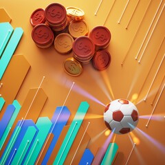 Wall Mural - football with money coin concept. casino soccer game. bet gambling 3D render. 3D illustration. sports background. realistic design. copy space. online game gamble. abstract object. futuristic image