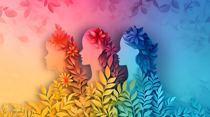 Wall Mural - Flowers composition. Rose flowers on blue background. Valentines day, mothers day, women's day concept. Women's history month celebration background generative ai with colorful pastel flowers in girl,