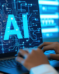 hands of the person with the computer . the word AI on the screen 