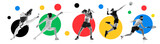 Collage made of different sportsmen of various sports in motion during game over white background with colorful elements. Concept of sport, tournament, competition, game. Banner for sport events