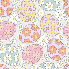 Retro Groovy Hippie flower ornated colourful Easter eggs vector seamless pattern. Happy Easter holiday background. 