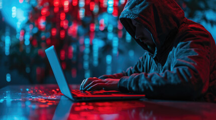 Wall Mural - hooded figure typing on a laptop, bathed in the glow of red and blue lights, hacking in a dark environment.